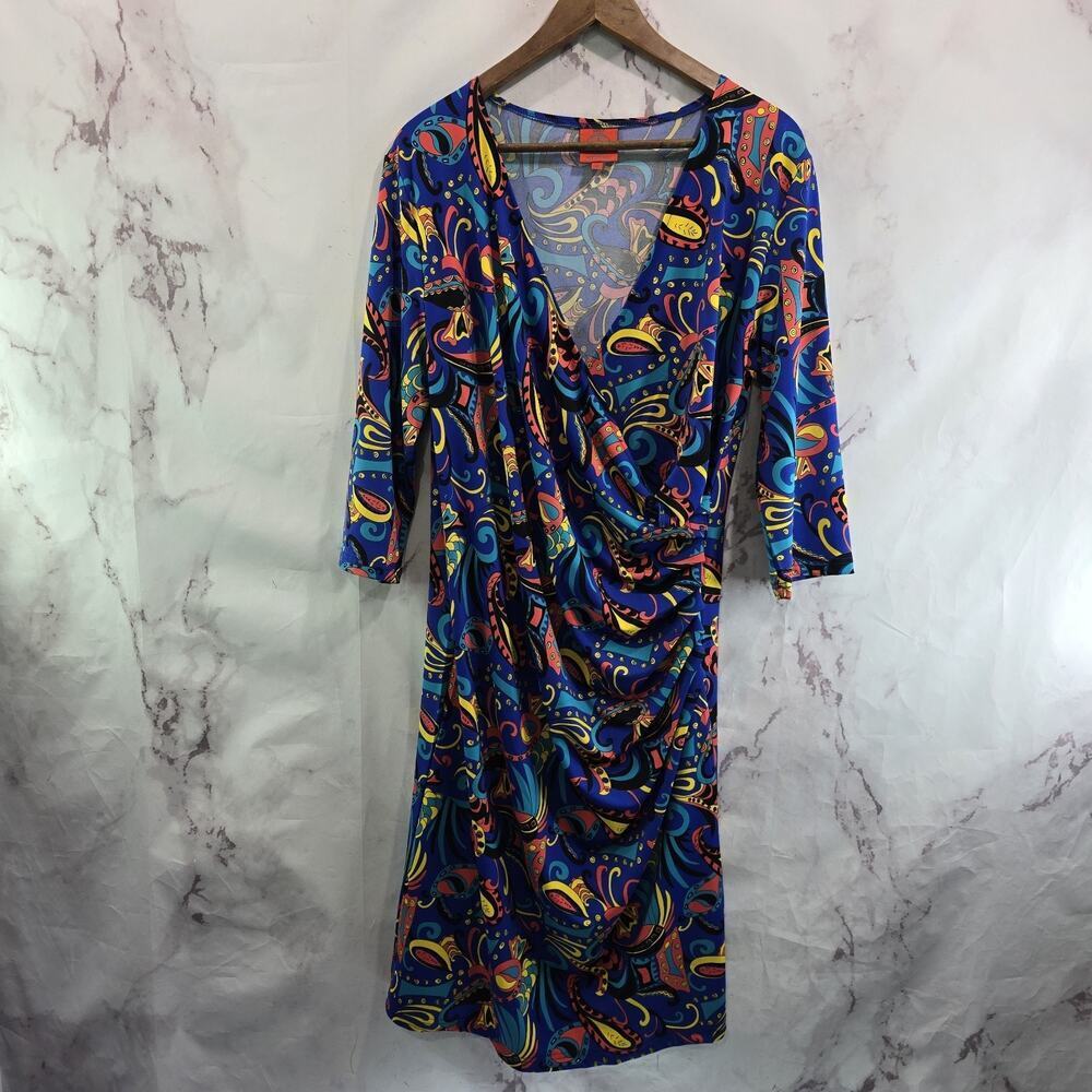 Tracy Negoshian Dress Womens XL Blue Yellow Ruched Groovy Paisley Retro Long